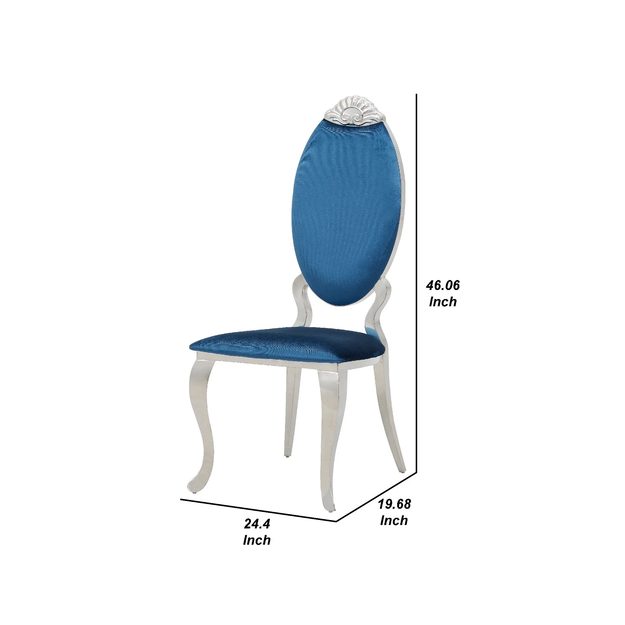 47 Inch Metal Dining Chair with Velvet Seat and Medallion Carving, Blue