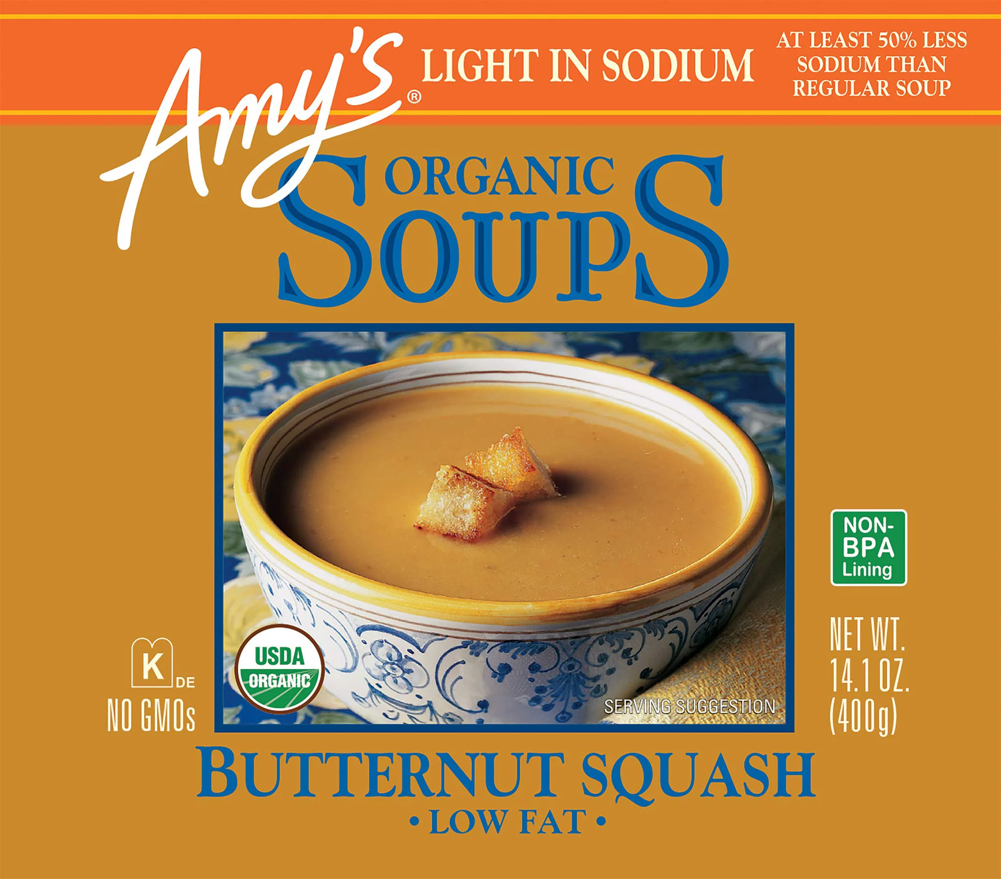 Amy's Soup, Vegan, Organic Butternut Squash, Made with Olive Oil and Garlic, Light in Sodium, Low Fat, 14.1 oz (Pack of 12)