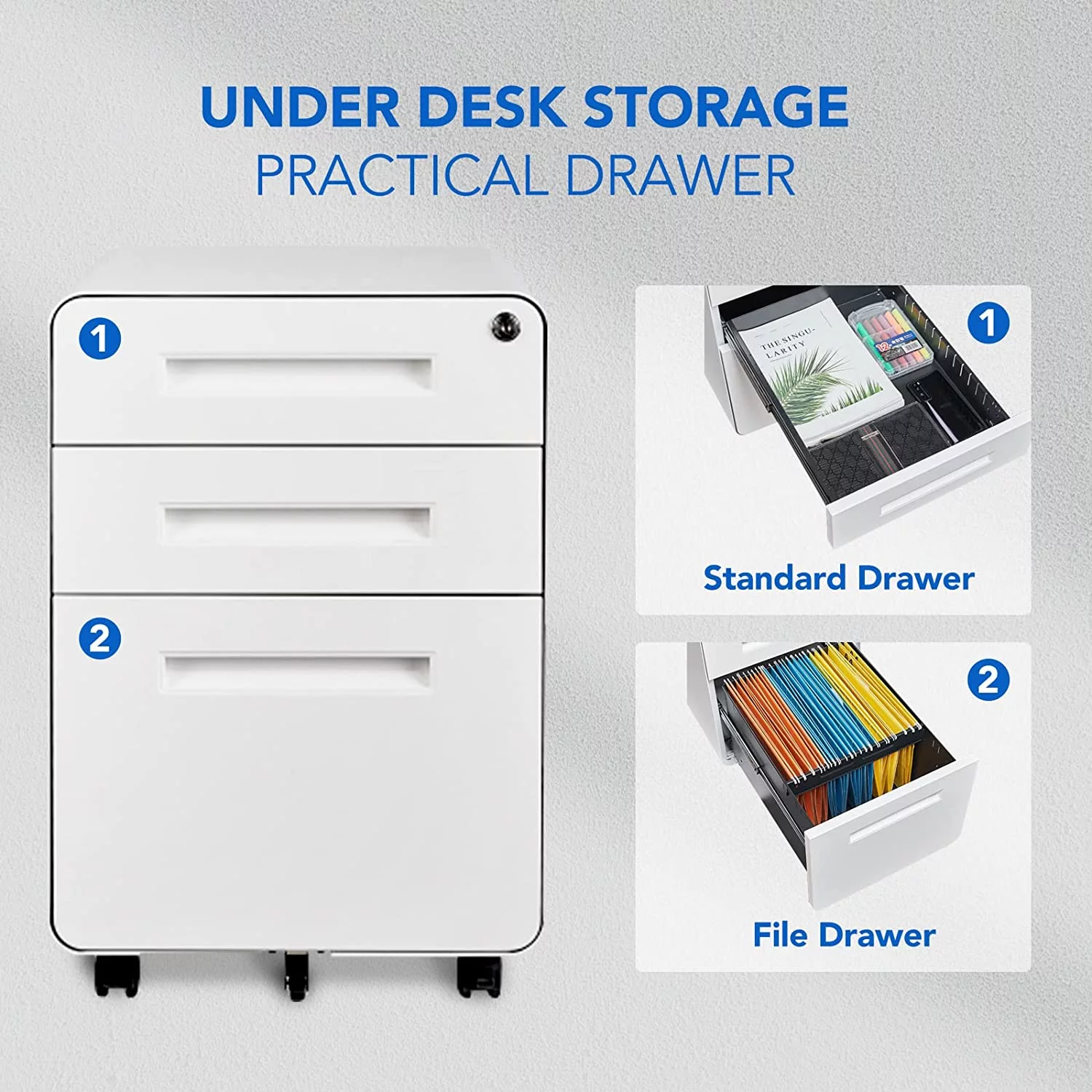 Mobile File Cabinet with Lock, 3 Drawer Filing Cabinets for Legal/Letter/A4 File, Round Corner Design, Metal, White