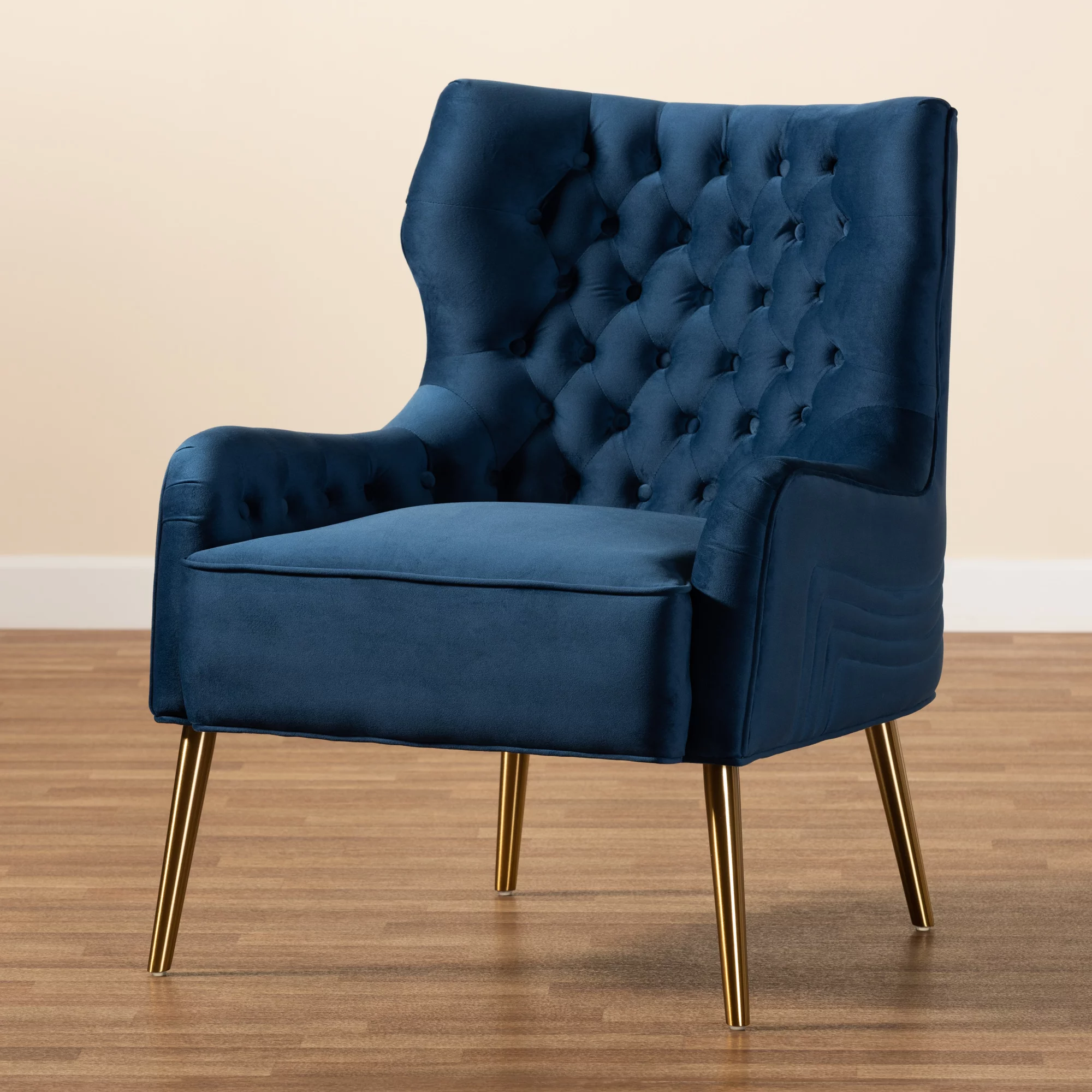 Baxton Studio Nelson Wingback Chair, Navy Blue and Gold