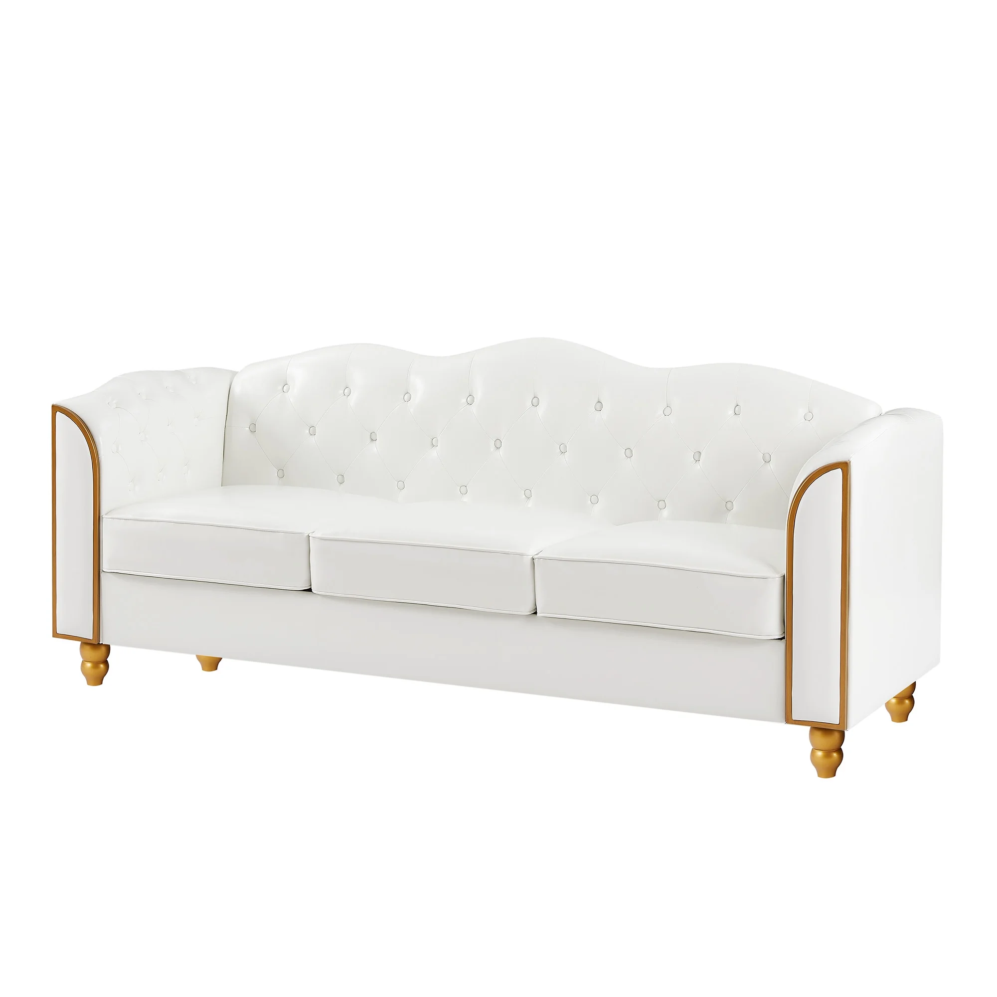 Homfa 3 Seater Sofa, 78.7'' Modern Large PU Button Upholstered Couch with Golden Wood Legs, White