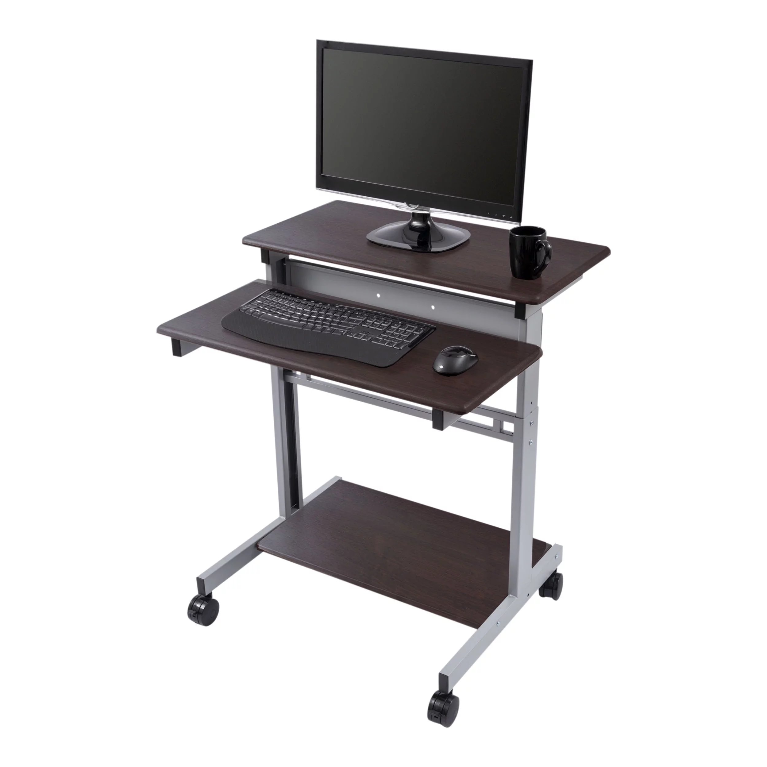 Stand Up Desk Store Rolling Adjustable Height Two Tier Standing Desk Computer Workstation (Silver Frame and Dark Walnut Top, 32