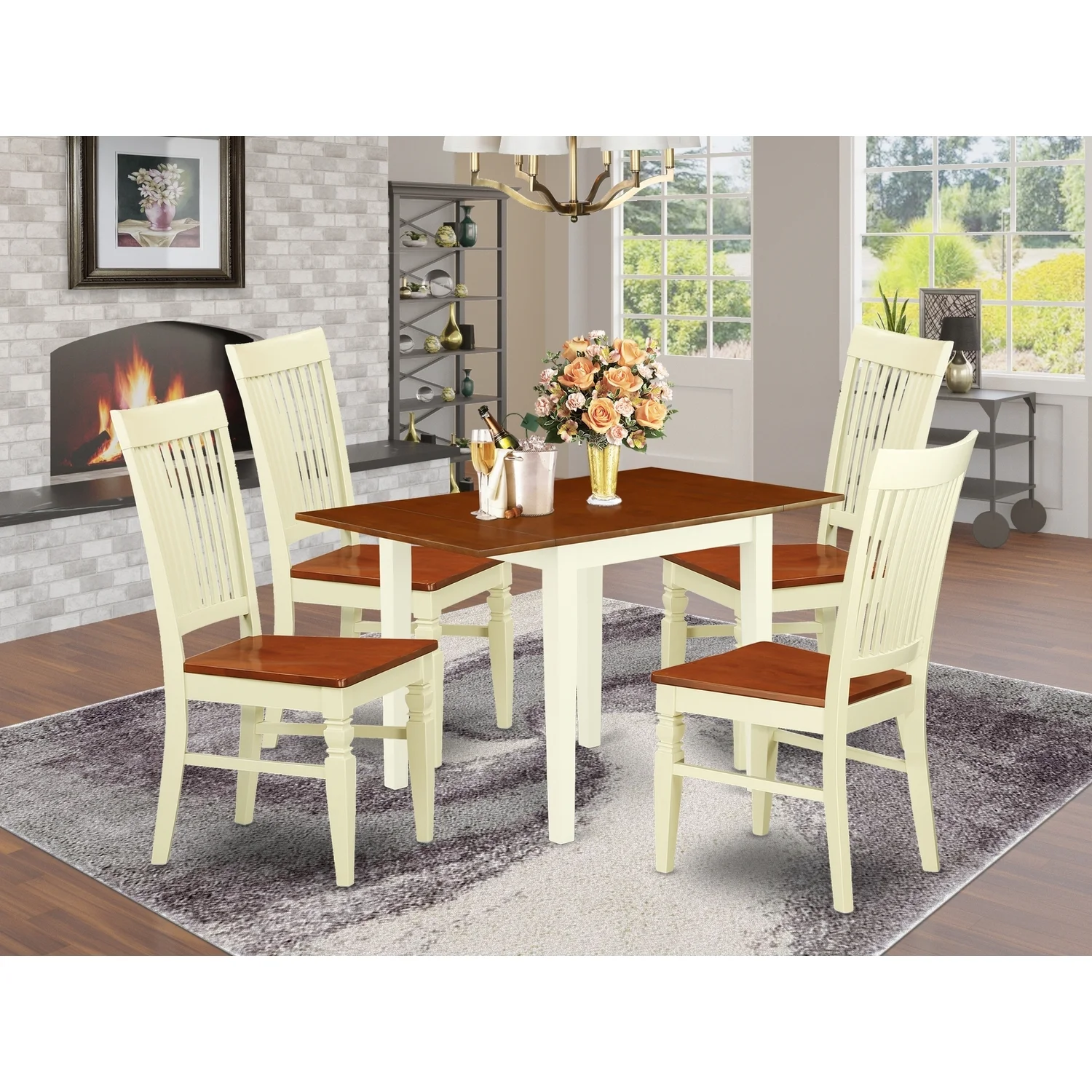 HomeStock Global Glam 5Pc Dinette Set For Small Spaces Includes A Wood Dining Table And 4 Wooden Dining Chairs With Solid Wood Seat And Slat Back, Buttermilk And Cherry Finish