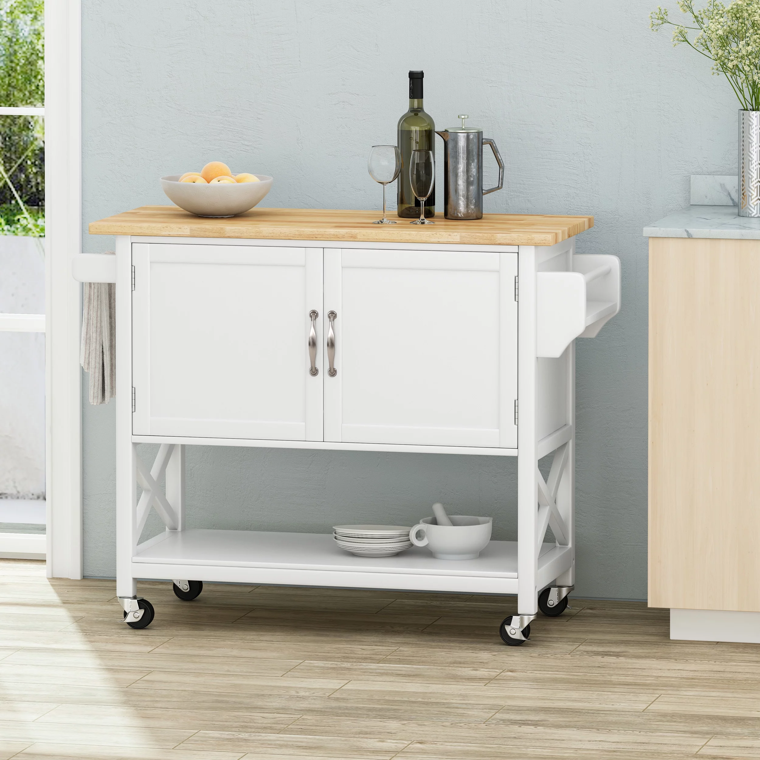 Noble House Finzer Wood Kitchen Cart, White, Natural
