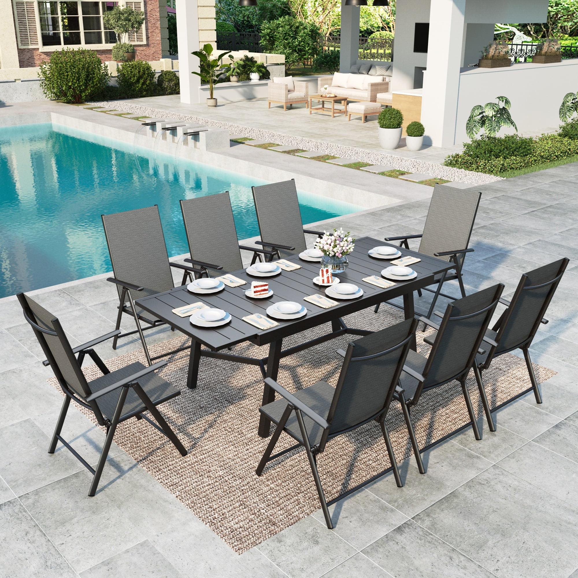 MF Studio 9-Piece Outdoor Dining Set with Expandable Table&Aluminum Folding Sling Chairs for 8, Black