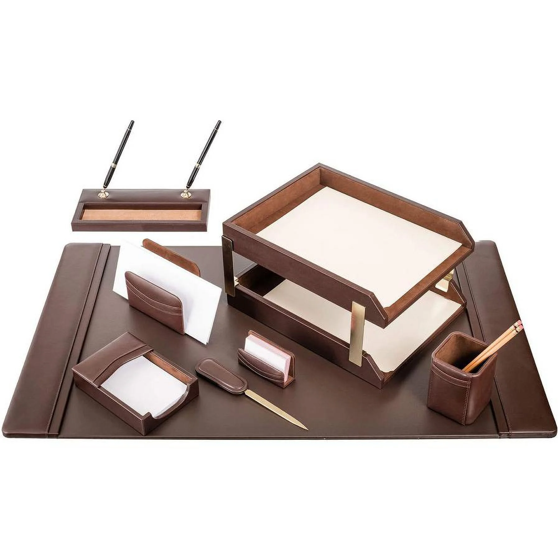 Chocolate Brown Leather 10-Piece Desk Set