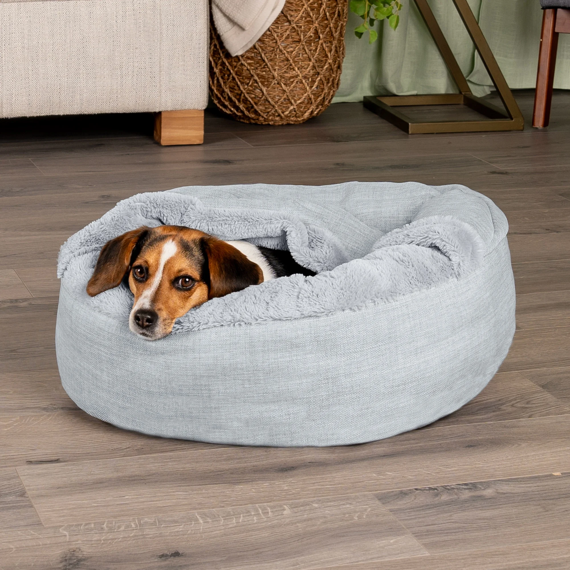 FurHaven Pet Products Plush & Performance Linen Hooded Donut Pet Bed for Dogs & Cats - Mist Gray, Small - 24