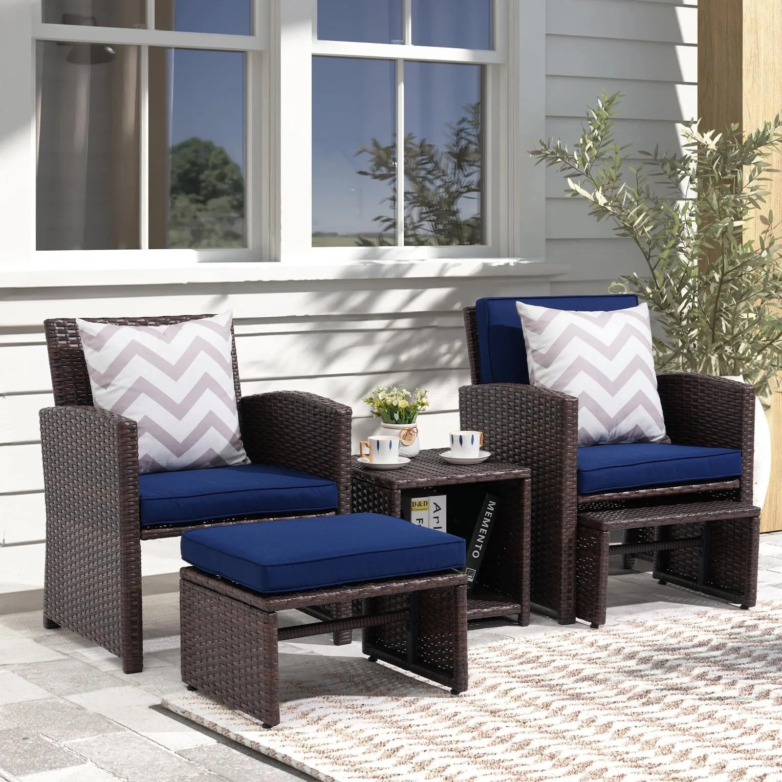 OC Orange-Casual 5-Pcs Patio Conversation Set, Balcony Furniture Set with Cushions, Brown Wicker Chair with Ottoman & Storage Table, Navy Blue