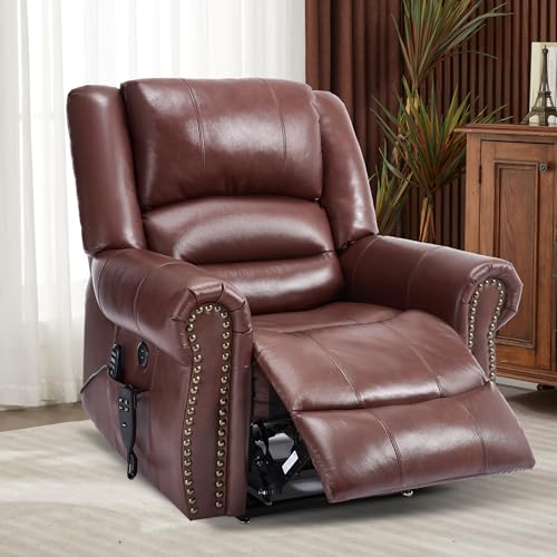 Dual Motor Power Lift Chair, Lay Flat Recliner Chair, Electric Recliner with Massage and Heat for Elderly, Remote Control, Infinite Position, Standing Assistance, USB Ports, Faux Leather, Brown