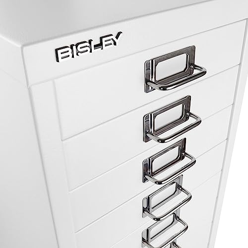 Bisley 10-Drawer Steel MultiDrawer Cabinet - Black, Chrome Pull Handles with Label Holders, Powder-Coated Steel, Removable Drawers, Fits Under Most Desks, Labels Included
