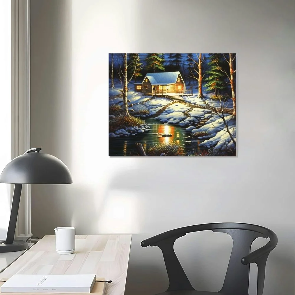 JEUXUS Woodland Retreat by Jim Hansel 20x16in Log Cabin Winter Snow Deer Framed Art Picture