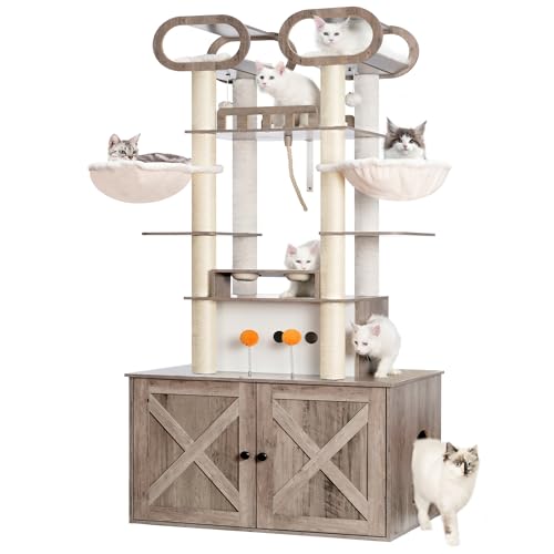 Heybly Cat Tree with Litter Box Enclosure, 76.8-inch Wooden mainecoons Cat Tower with Food Station,Extra Large Platforms, Modern Big Cat Condo Furniture with All-sisal Scratching Post, Walnut HCT111WB