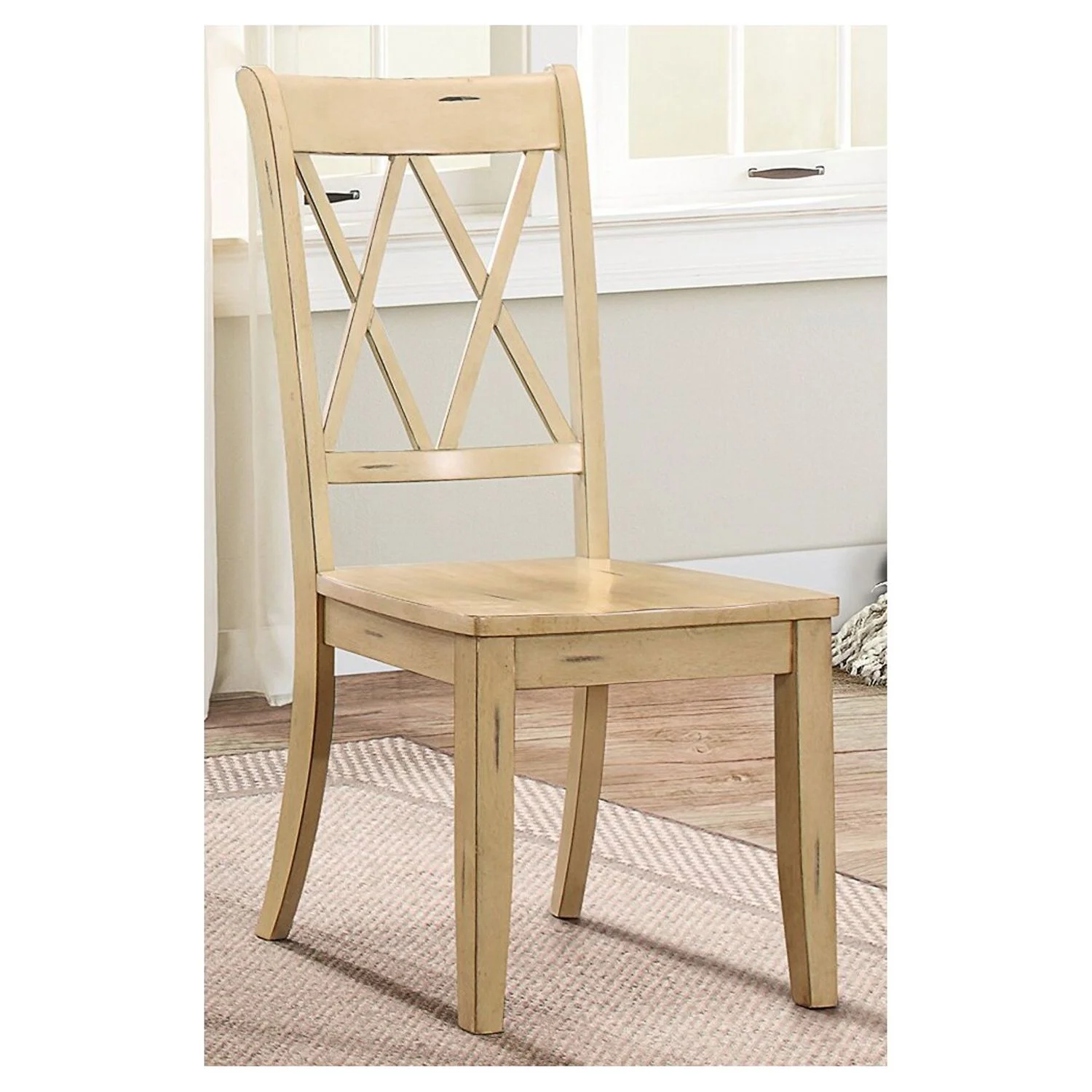Benzara Pine Veneer Side Chair With Double X Cross Back, Sand, Set of 2
