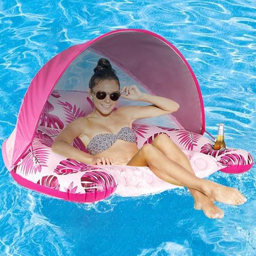 Pool Float with Canopy, Cup Holder - XL Pool Chair Lounge Float with Adjustable Sun Shade Cover, Drink Holder, Ergonomic Headrest,Inflatable Pool Float for Adults