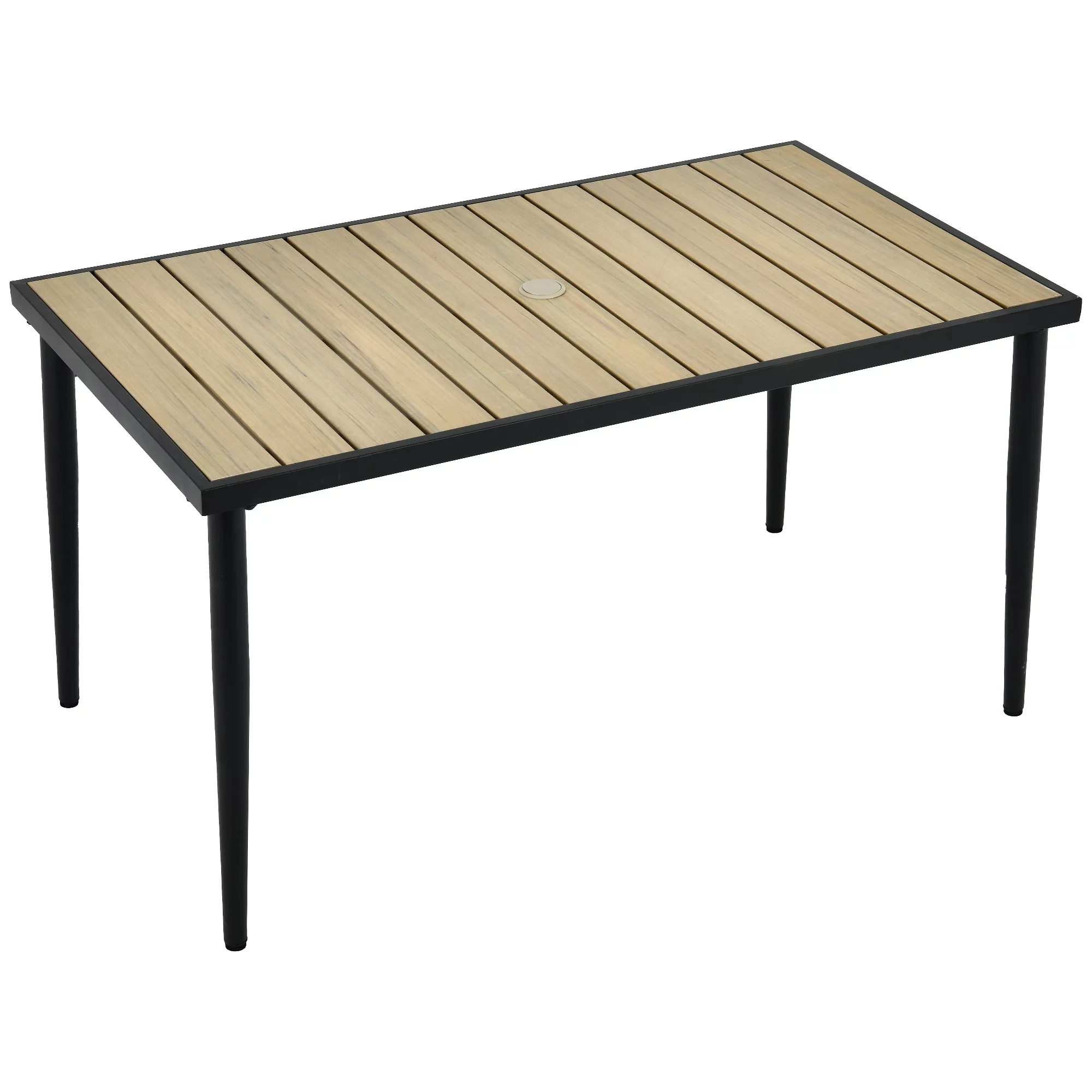 DWVO 70in Outdoor Rectangular Dining Table, Patio Table with Umbrella Hole - Black & Nature Wood
