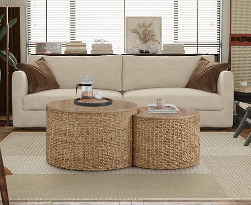 Nesting Coffee Table Set of 2, Coastal Coffee Table with Storage, Woven Coffee Table with Soild Wood Cover, Wicker Coffee Table with Cushion Base