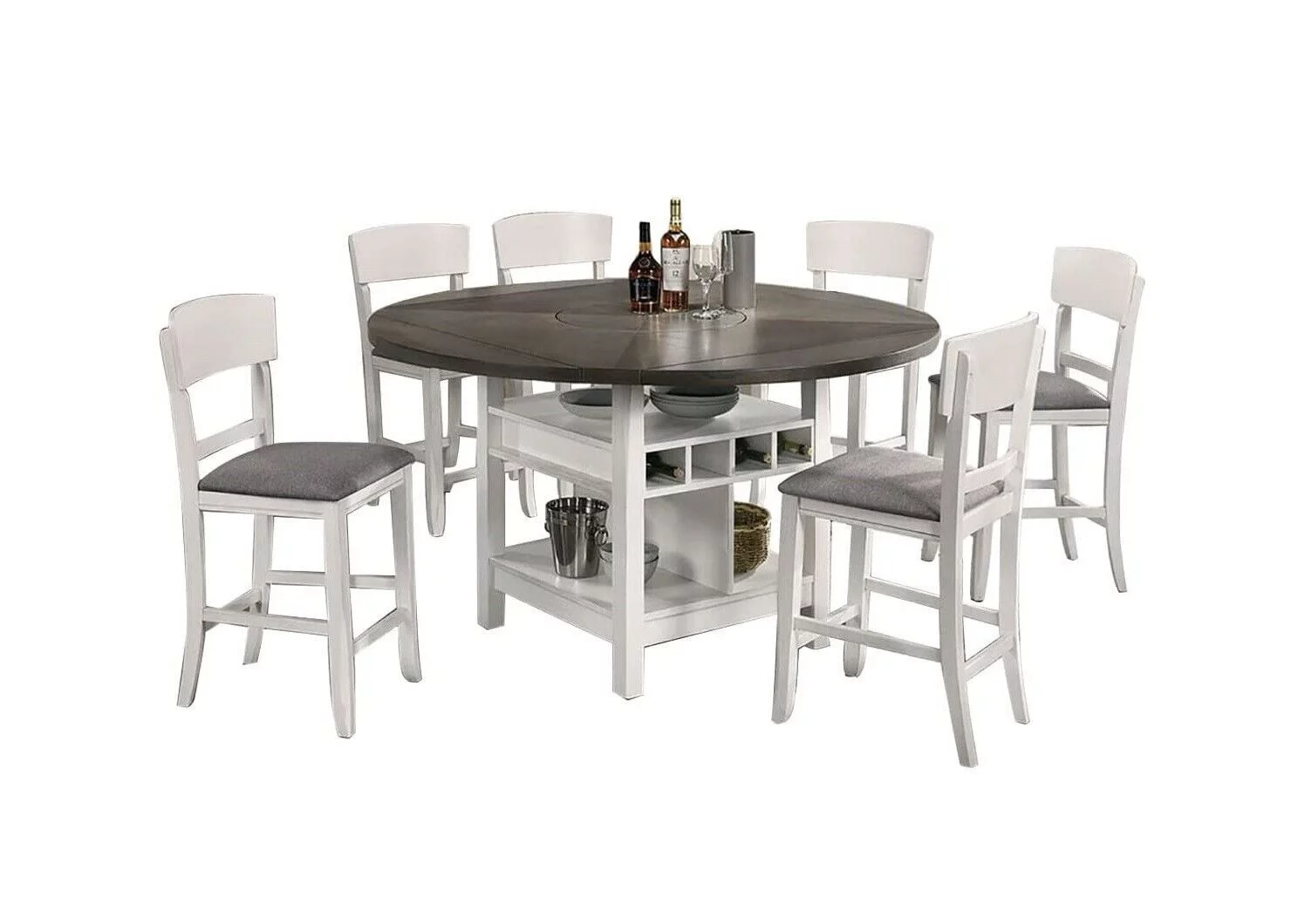 White Solidwood Unique Frame Padded Seat Set of 6 Counter height Chairs Light Gray Fabric Cushion Seat Dining Room Furniture