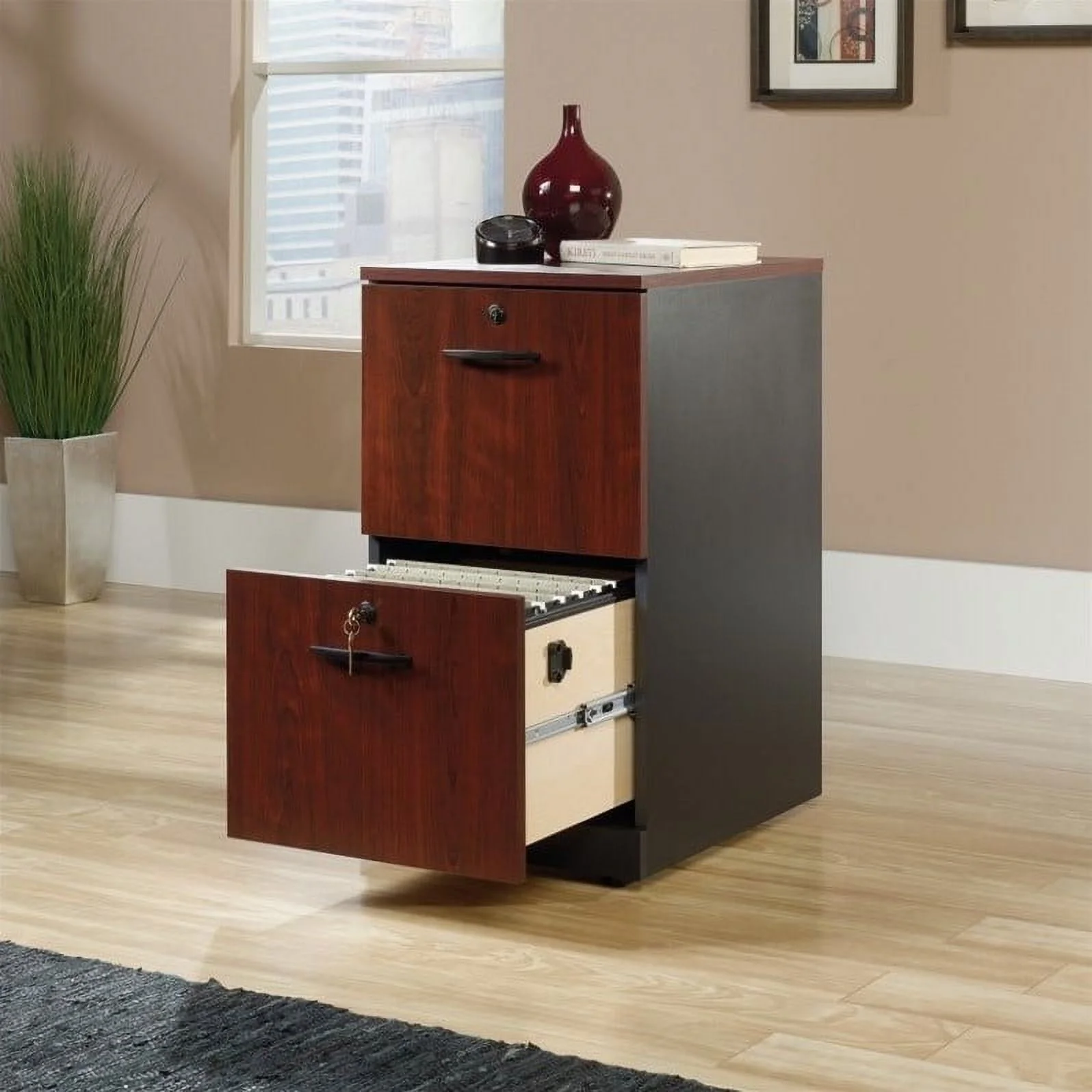 Home Square 2 Drawer Wood Filing Cabinet Set in Classic Cherry (Set of 2)