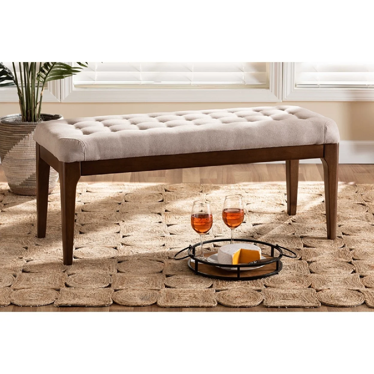 Baxton Studio Walsh Mid-Century Modern Beige Fabric Upholstered and Walnut Brown Finished Wood Dining Bench