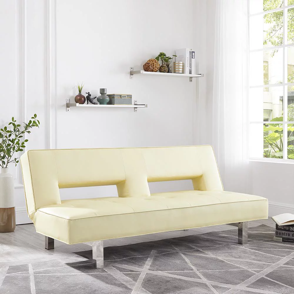 Modern Convertible Futon Sofa Bed with Chrome Metal Legs, European Style Reclining Futon Sofa, Faux Leather, Cream
