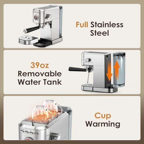 Spacekey Espresso Machine 20 Bar, Professional 1350W Espresso Maker with Milk Frother, Compact Stainless Steel Cappuccino & Latte & Americano Maker with 39oz Removable Water Tank, Silver