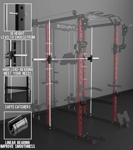 Eonfit E5 Smith Machine with Vertical Leg Press, Power Cage Squat Rack with LAT-Pull Down Cable Crossover Rotating Arms System Home Gym Equipment All in One (E5 RED)