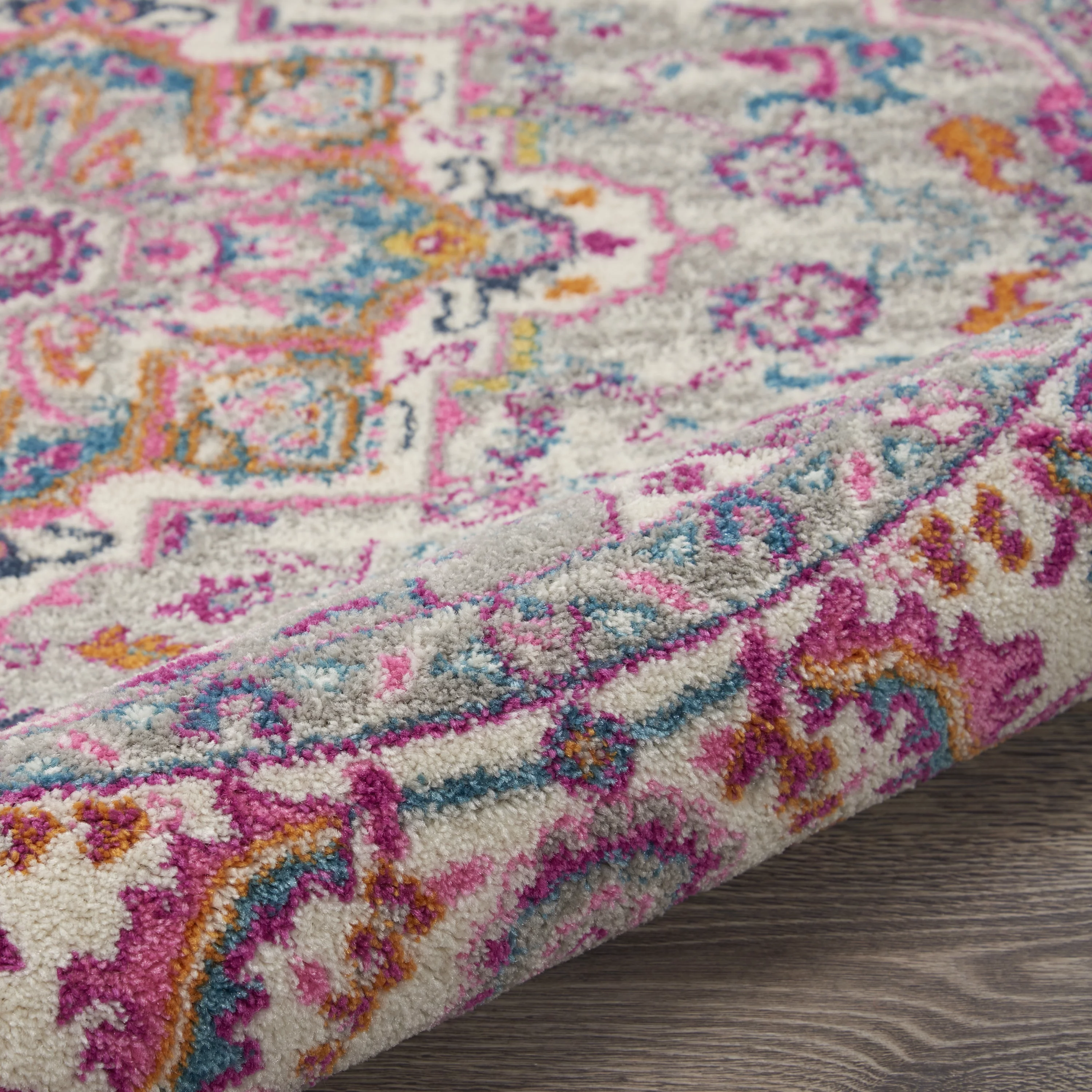 Nourison Passion Light Grey/Pink 4' x Round Area Rug, Boho, Transitional, Bed Room, Living Room, Dining Room, Kitchen, , Easy Cleaning, Non Shedding (4' Round)