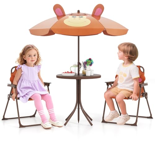 HONEY JOY Kids Picnic Table, Animal Themed Toddler Outdoor Table and Chair Set, 2 Folding Chairs & Removable Umbrella, Children Outdoor Furniture for Backyard Patio Garden (Green Frog)