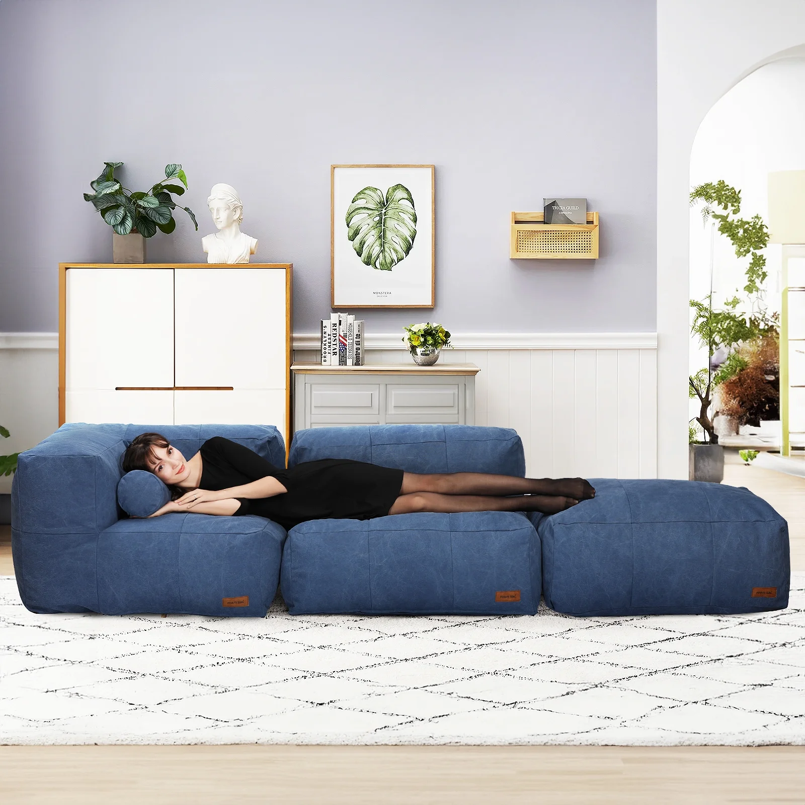 tantohom Giant Bean Bag Chair, 119 inch Module Bean Bag Sofa, Memory Foam Filled, Canvas Cover - Ultra Soft, Removable and Washable, Living Room Bedroom Dorm Gaming, Blue