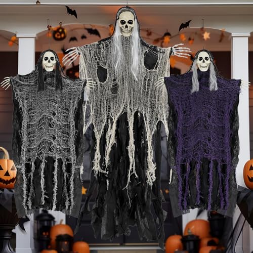 Halloween Decorations Outdoor/Indoor,Set of 3 Scary Hanging Ghosts,Halloween Grim Reaper Skeleton, Scary Party Decorations,Haunted House Decor for Yard/Lawn/Garden.