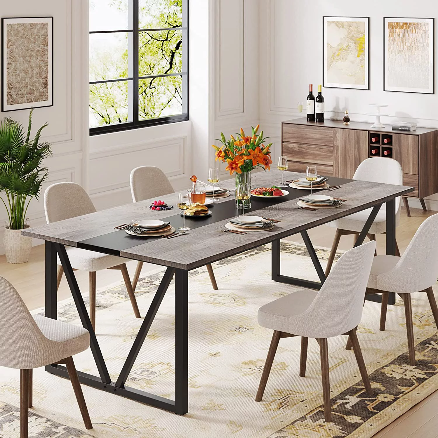 70.8 inch Dining Table for 6, Industrial Kitchen Table, Rectangle Wood Dining Room Table, Gray