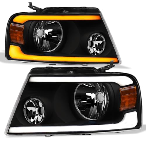 Switchback Sequential LED Strip Bar Black Housing Headlights With Amber Reflector Compatible With 2004-2008 Ford F150 / 2006-2008 Lincoln Mark LT Models