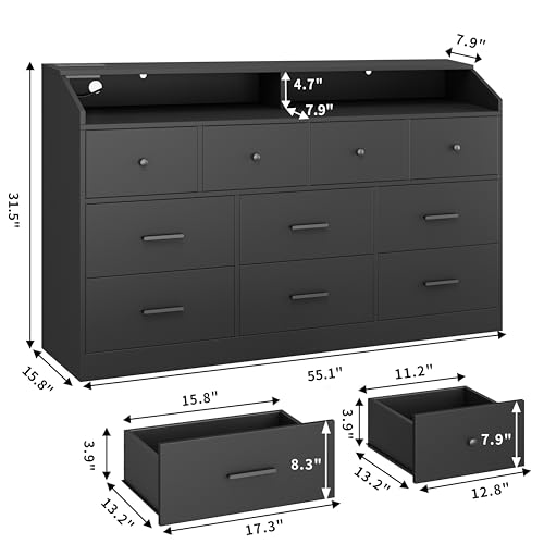 55'' 10-Drawer Dresser with Charging Station & LED Lighting - Farmhouse Wooden Storage Cabinet for Bedroom, Entryway, Office - Space-Saving Multi-Functional Furniture (Black)