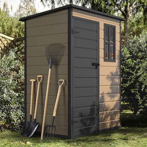 DWVO 5x3ft Resin Outdoor Storage Shed with Floor, Waterproof Lockable Storage Shed with Window, Plastic Outside Tool Storage for Garden, Backyard, Patio, Lawn, Gray