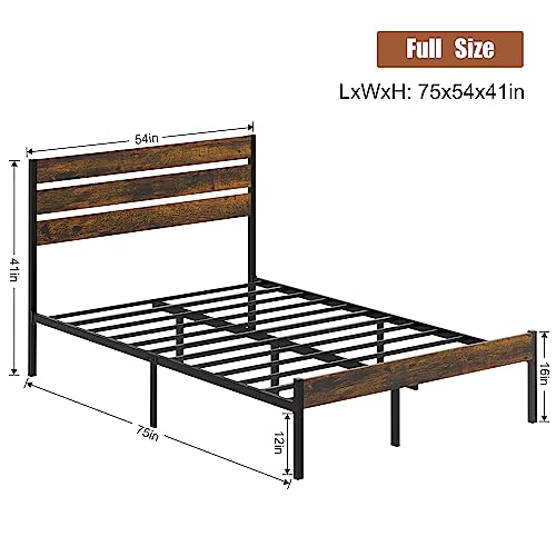 Shintenchi Full Size Bed Frame with Headboard and Footboard, Metal Mattress Foundation with Under Storage, Steel Slats, No Box Spring Needed, Noise Free, Black Round