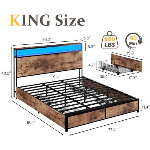 Lifezone Queen Bed Frame with 2-Tier Storage Headboard, Metal Platform Bed Frame with 4 Storage Drawers, Built in Charging Station & LED, Noise-Free/Metal Support/No Box Spring Needed, Rustic Brown