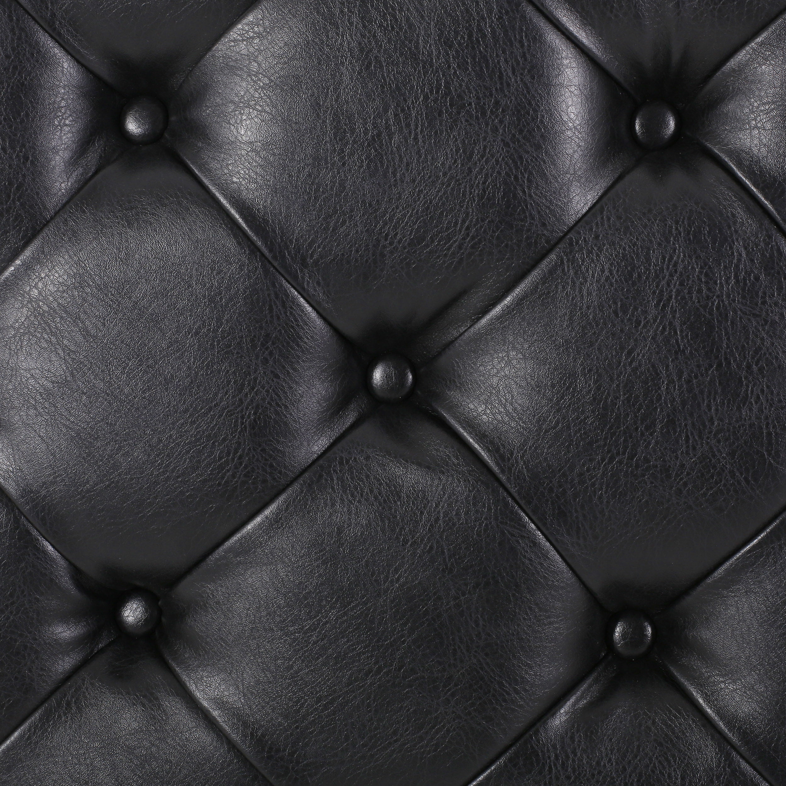 Noble House Aldrich Faux Leather and Wood Tufted Round Ottoman with Open Shelf, Midnight Black and Espresso