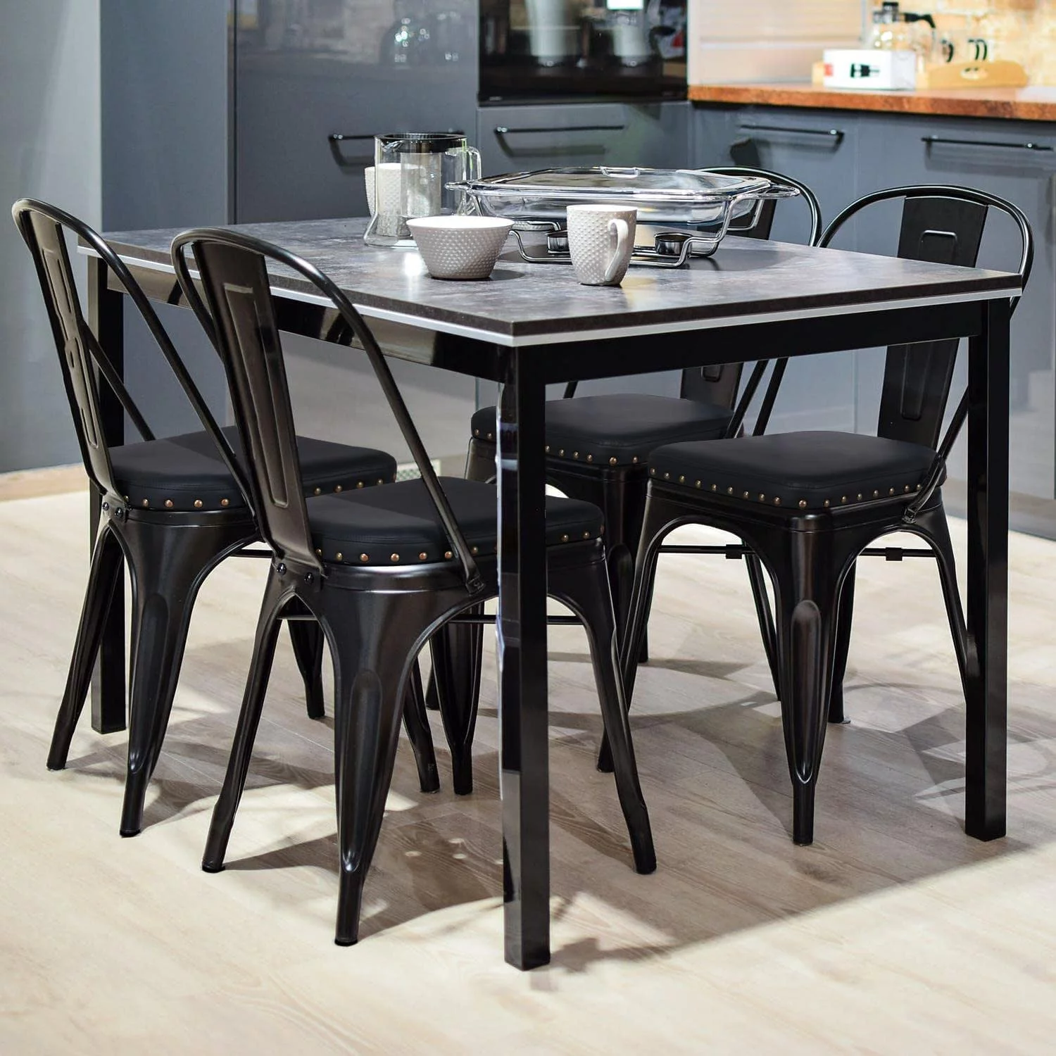 4pcs Metal Dining Chairs with PU Leather Seat High Back Soft Cushioned Industrial Classic Iron Chairs Chic Dining Bistro Cafe Coffee Chair 18 Inch Black