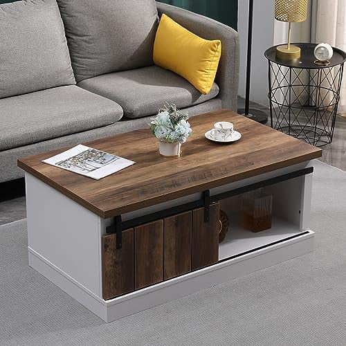 KHBIULIFE Ansley&HosHo Farmhouse Coffee Table with Sliding Barn Doors &   Antique Wood Living Room Center Table  Rustic Industrial Cocktail Table for Bedroom Home Office  White+Da