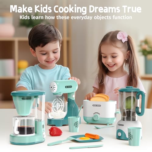 Kids Play Kitchen Accessories Toys Set, Pretend Play Kitchen Appliances Kit - Blender, Coffee Maker, Mixer, Toasters with Light & Sound, Playhouse Role Play Toy Gift for Girl Ages 3 4 5 6