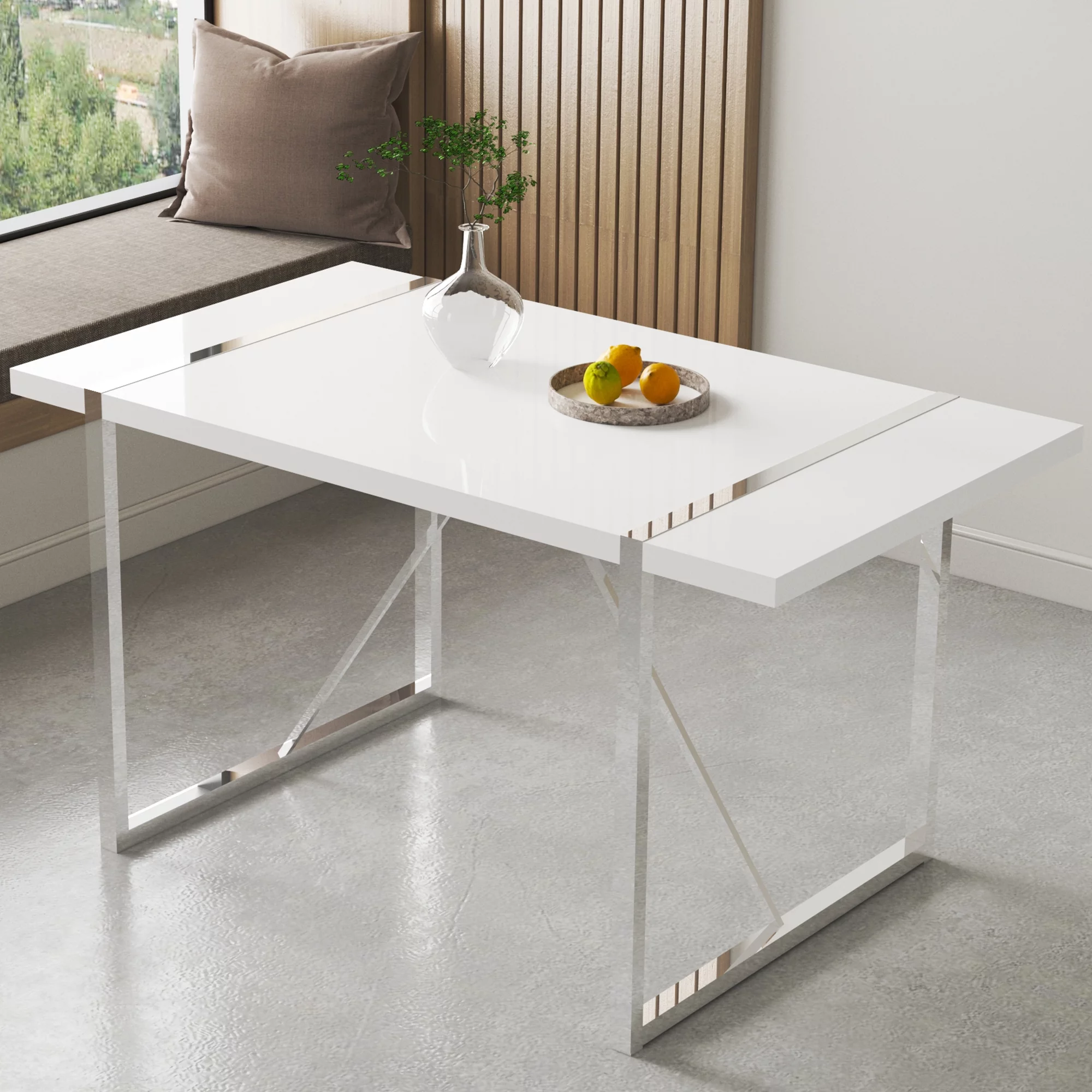 Dining Table 55'' x 31 '' Reactangular for 4-6 Person Modern Wooden Standing Office Desk  with Silver Metal Legs, White