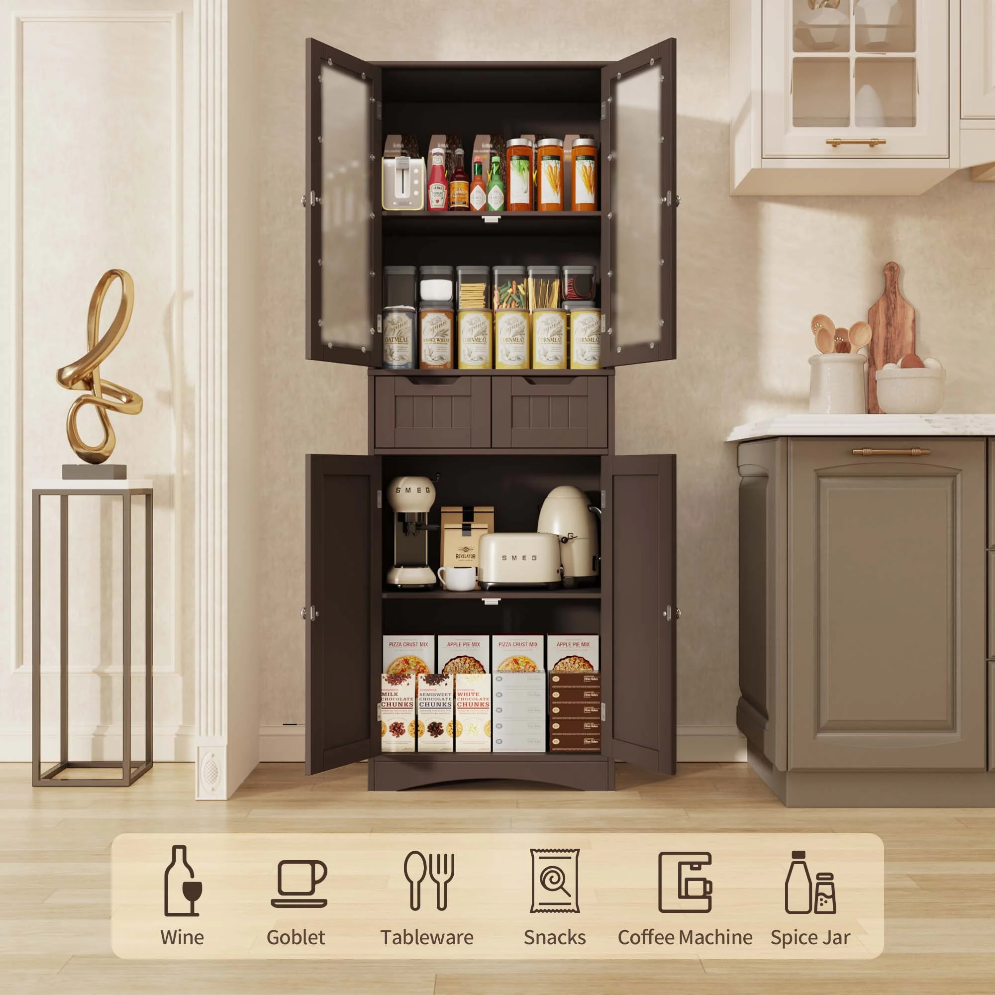 Tall Storage Cabinet with Glass Doors and 2 Drawers, Lofka Freestanding Kitchen Pantry Cabinet with Shelves, Dark Brown