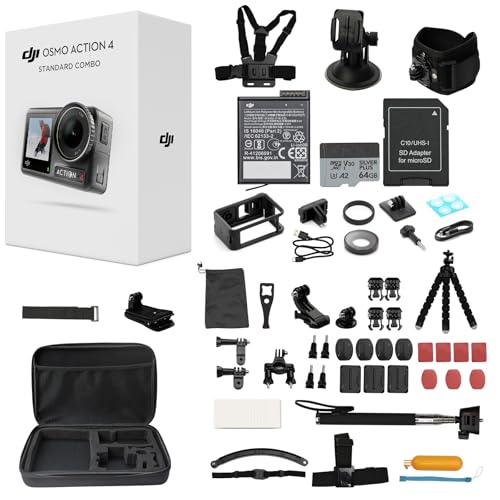 DJI Osmo Action 4 Standard Combo with 50 Piece Accessory Kit + 2 Extra Batteries + 64GB Card, 4K/120fps Waterproof Action Camera with a 1/1.3-Inch Sensor, Long-Lasting 160 Mins, Outdoor Camera