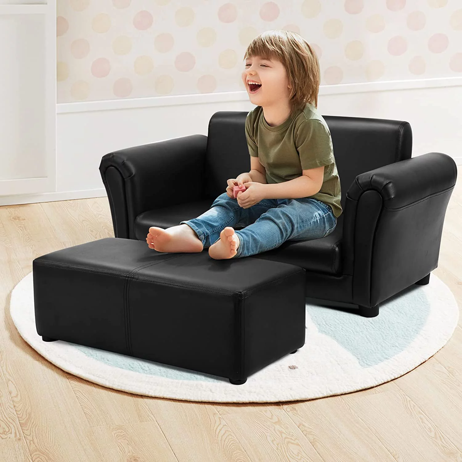Kids Sofa, 2 Seat Toddler Couch Lounge Bed with Ottoman, Sturdy Wood Construction, Children PU Leather Upholstered Loveseat Armrest Chair for Bedroom Living Room, Double Seat w/Stool (Black)
