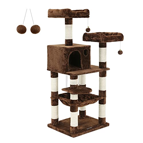 FEANDREA Cat Tree, Cat Tower for Indoor Cats, 56.3-Inch Cat Condo with Scratching Posts, Hammock, Plush Perch, Light Gray UPCT15W