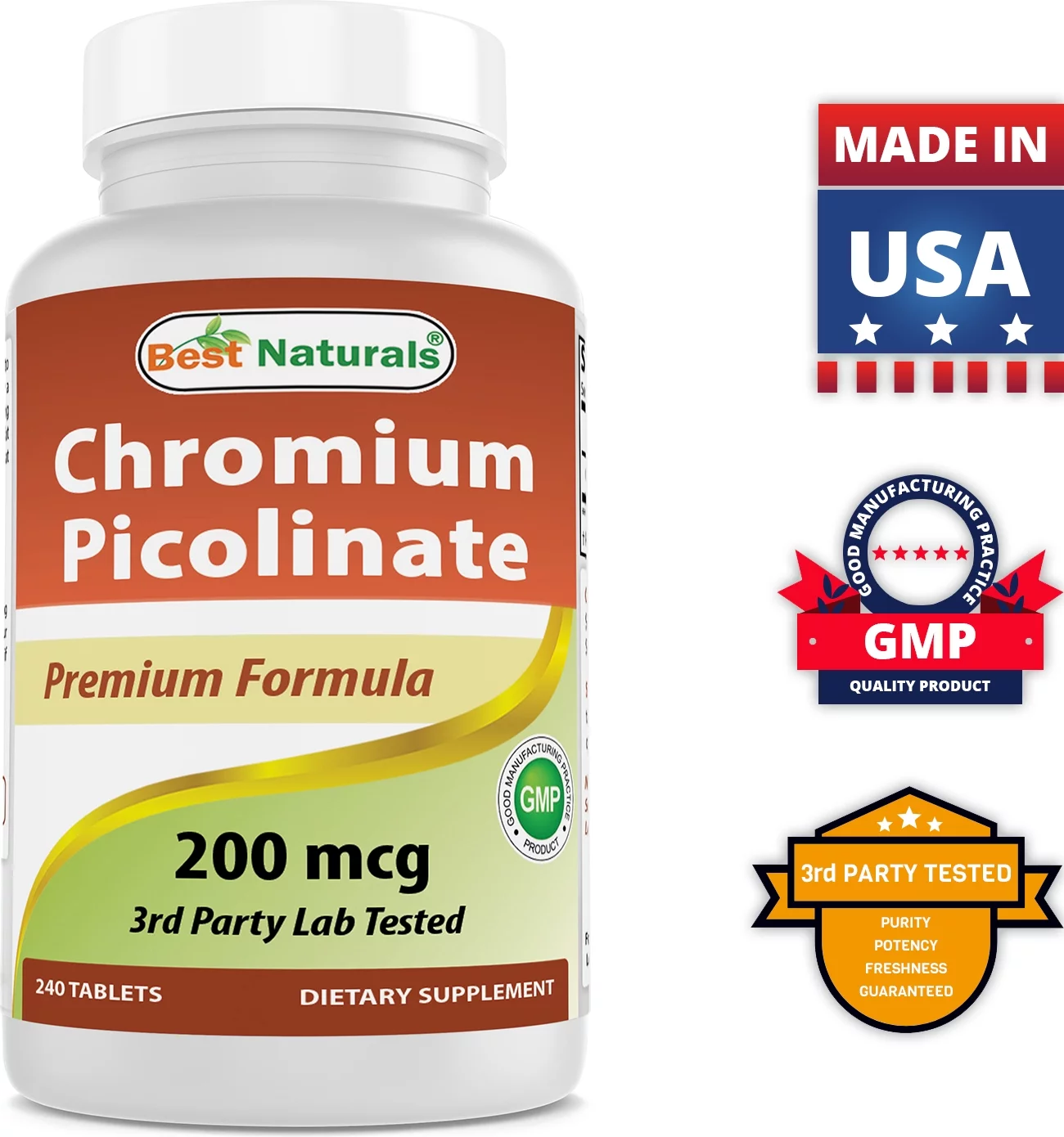 3 Pack Best Naturals Chromium Picolinate 200 mcg 240 Tablets