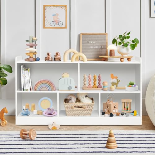Montessori Shelf, Wooden Toy Storage Organizer for Books Toys, 2 Shelf Bookcase, 5-Section Storage Cabinet, Toddler Book Shelf for Kids Rooms, Playroom, Nursery, Kindergarten (Natural)