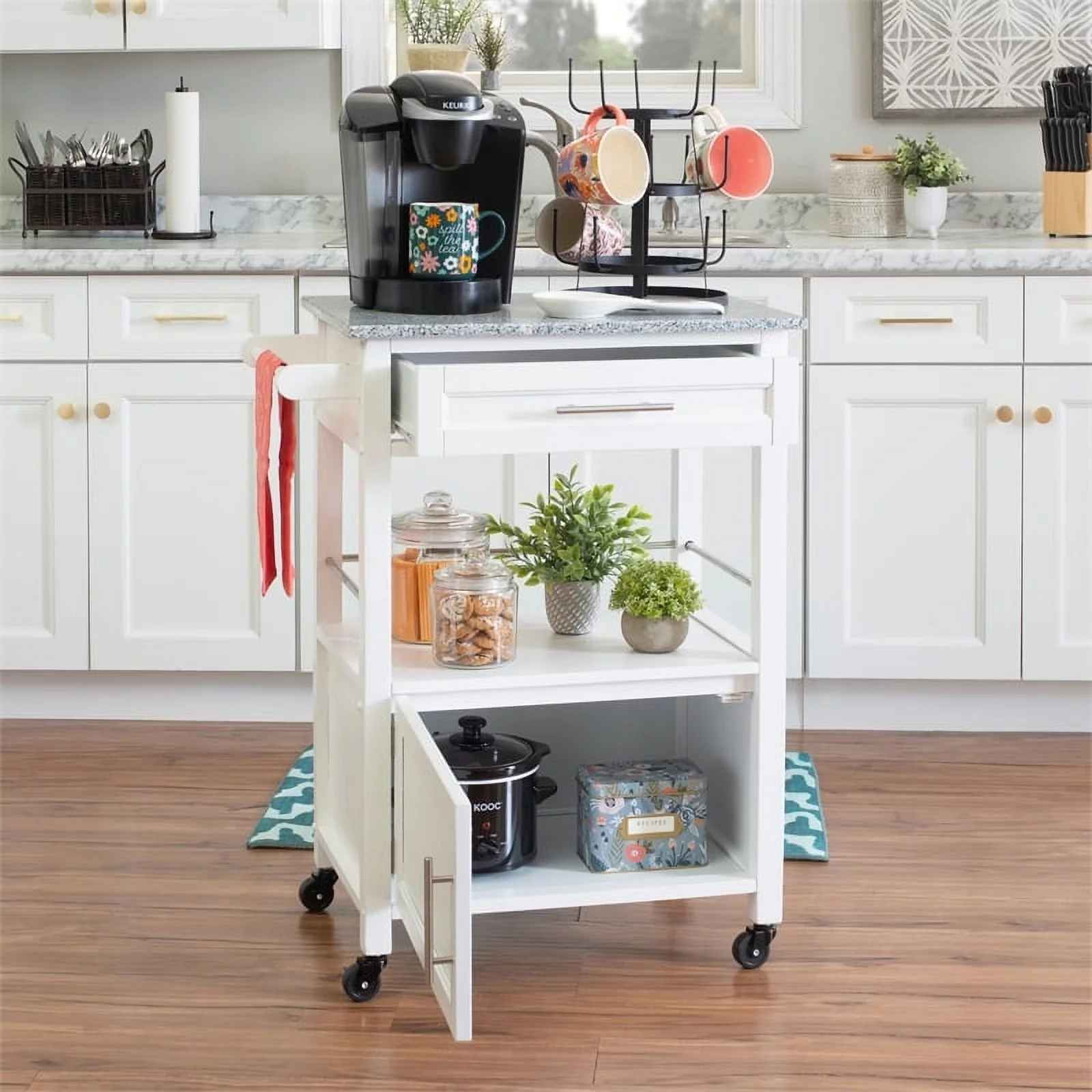 Riverbay Furniture Transitional Wood/Granite Top Kitchen Cart in Bright White