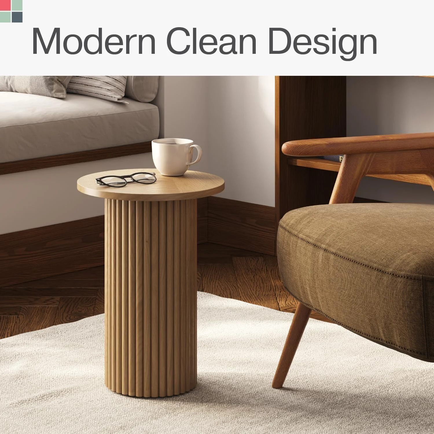 Round Fluted Accent Side Table - Pedestal Drink Table - Modern Home, Bedroom, and Living Room Furniture - Small Wooden Round End Table with a Solid Oak Base and Wood Veneer Top (Natural Oak Finish)