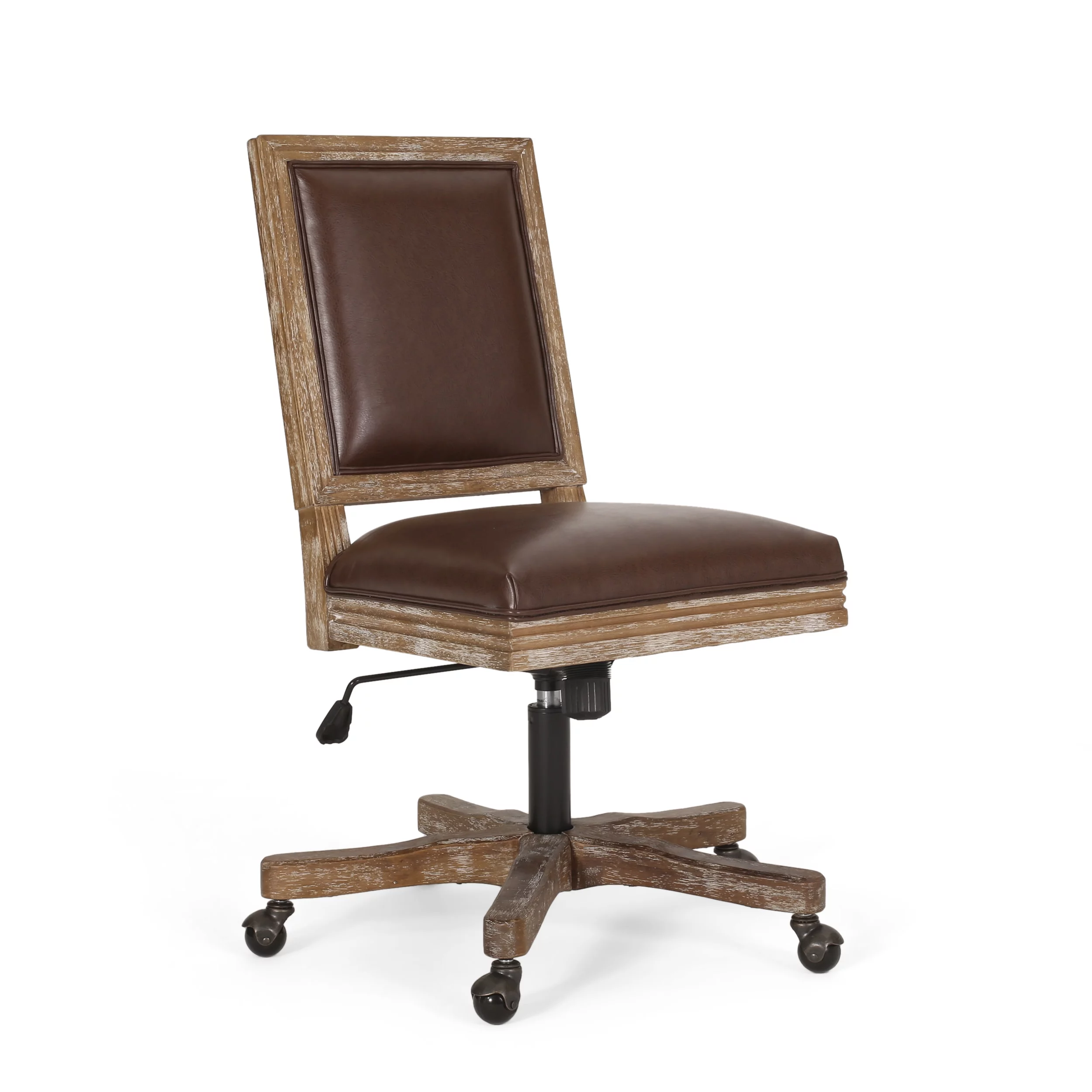 GDF Studio McGillen French Country Upholstered Swivel Office Chair, Dark Brown Faux Leather and Natural
